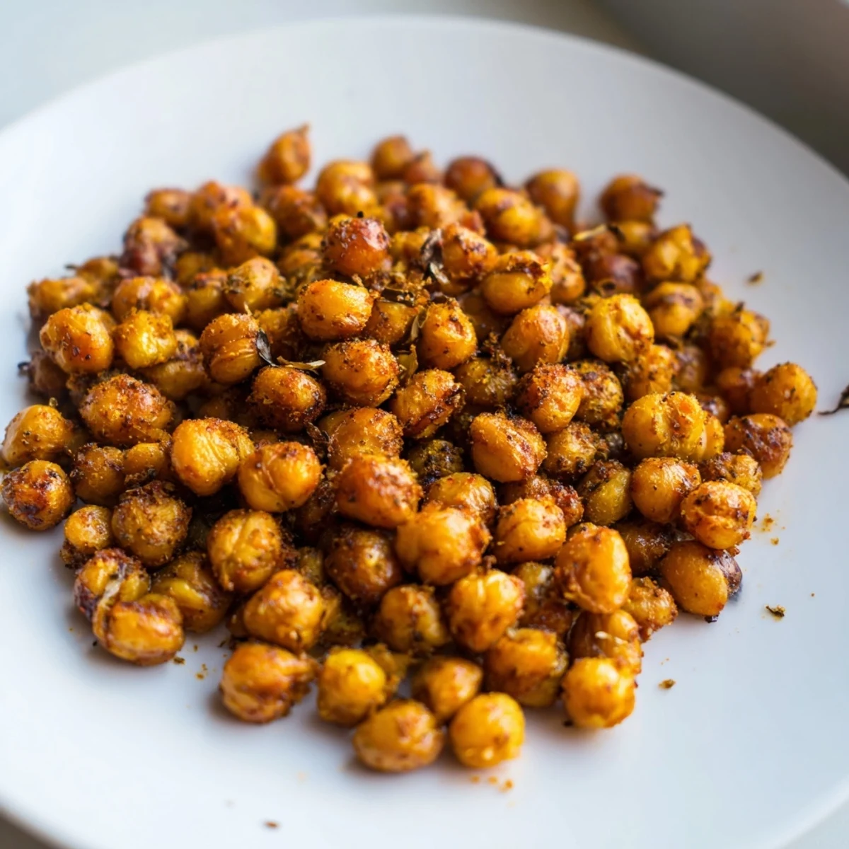 A close-up of Cajun Spiced Roasted Chickpeas Snack glistening with spices, perfect for topping salads or soups for added texture.