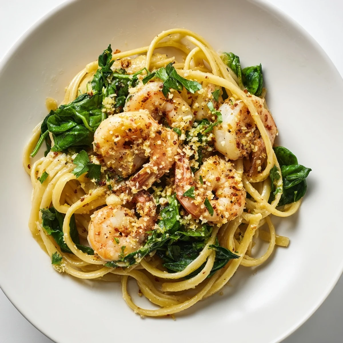 Bright lemon garlic shrimp pasta with fresh spinach served on a white plate with parsley garnish.