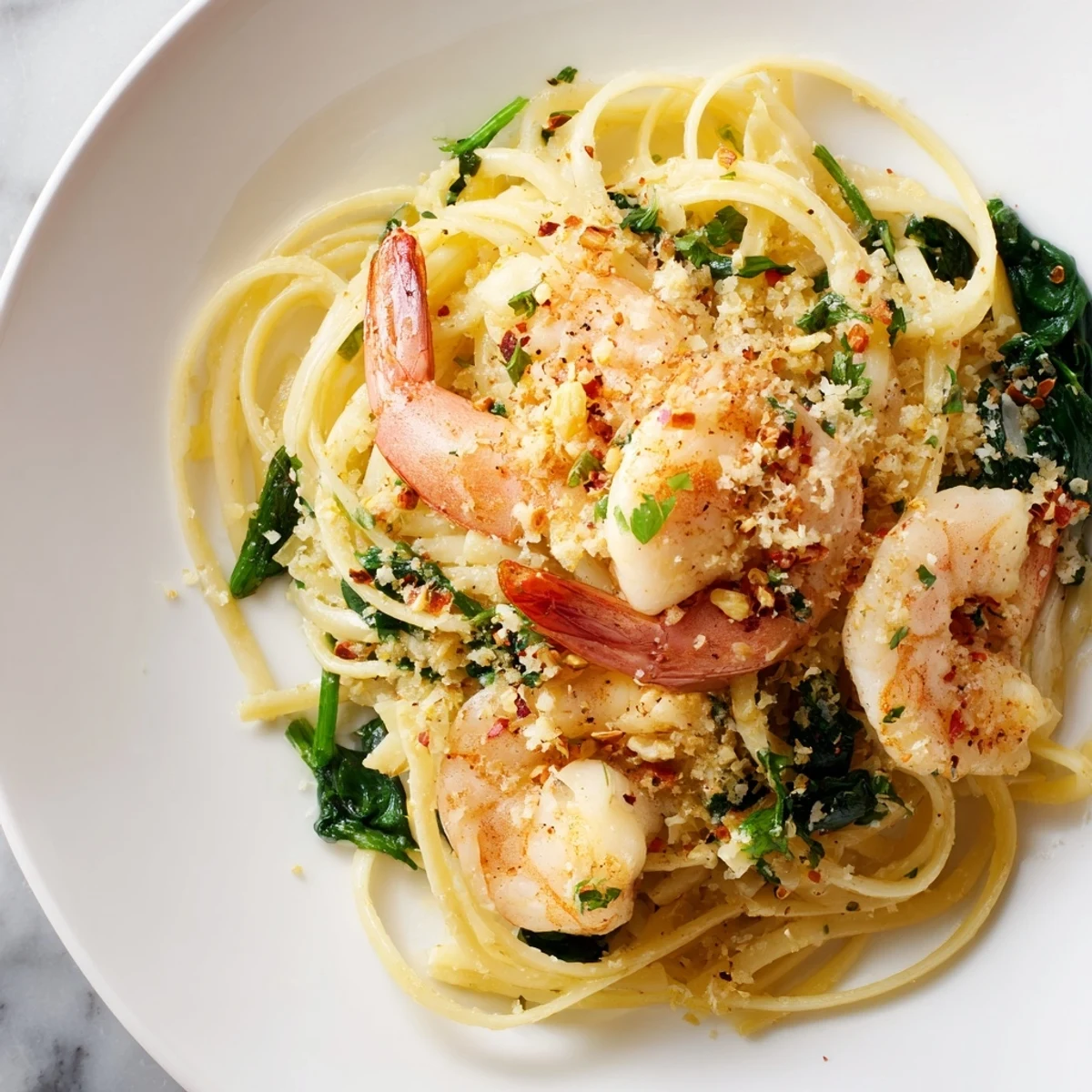 Steaming linguine twirled in a zesty lemon garlic sauce with tender shrimp and wilted spinach.