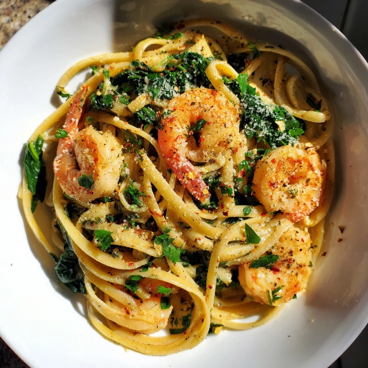A close-up of juicy shrimp, pasta strands, and vibrant spinach in a savory lemon garlic sauce.