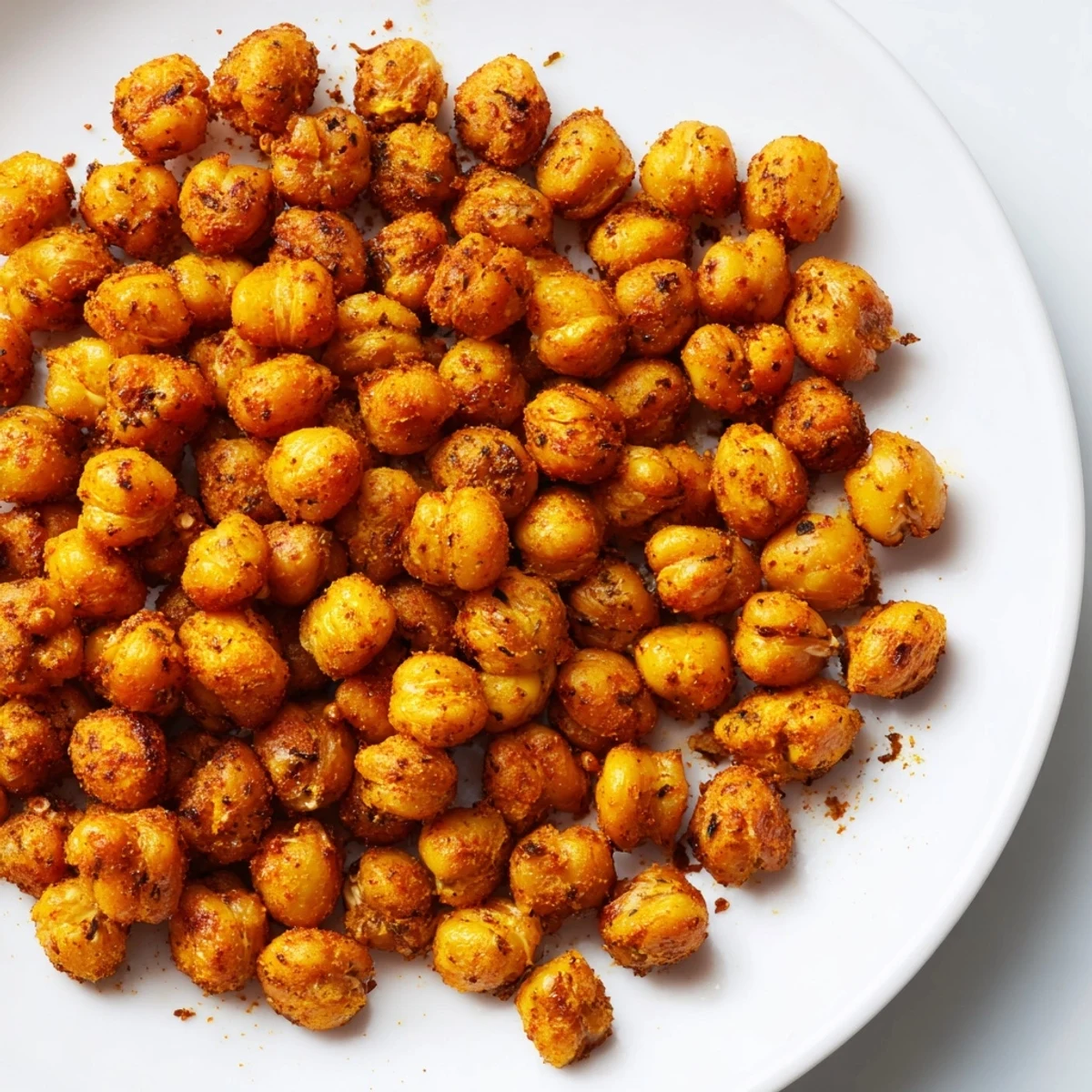A hand scoops warm Cajun Spiced Roasted Chickpeas Snack from a parchment-lined baking sheet, releasing a smoky aroma.