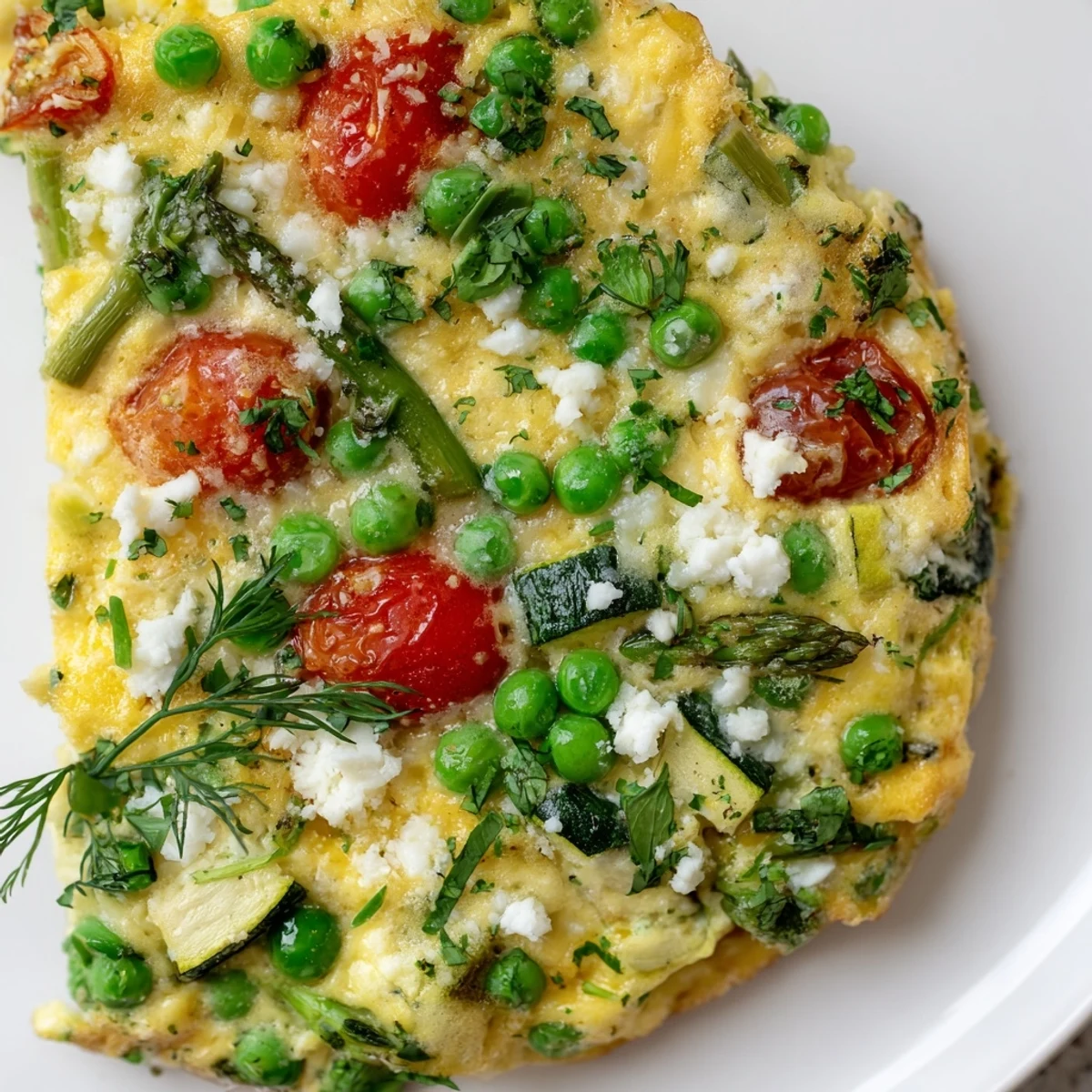 Freshly baked Spring Vegetable Frittata with Fresh Herbs in a skillet, garnished with chopped chives and parsley.