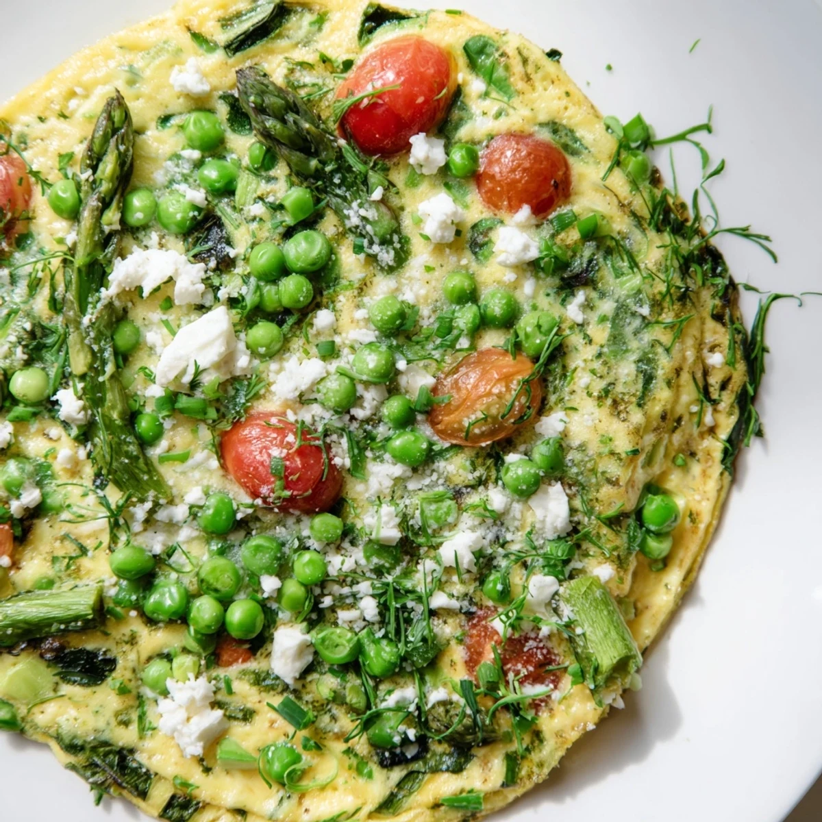 Close-up of Spring Vegetable Frittata with Fresh Herbs, featuring feta cheese and a golden, fluffy texture.