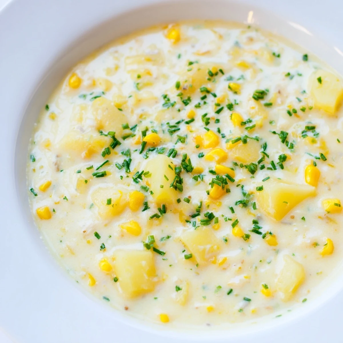 Creamy Corn Chowder with Potatoes and Herbs steams in a white bowl, garnished with fresh chives.