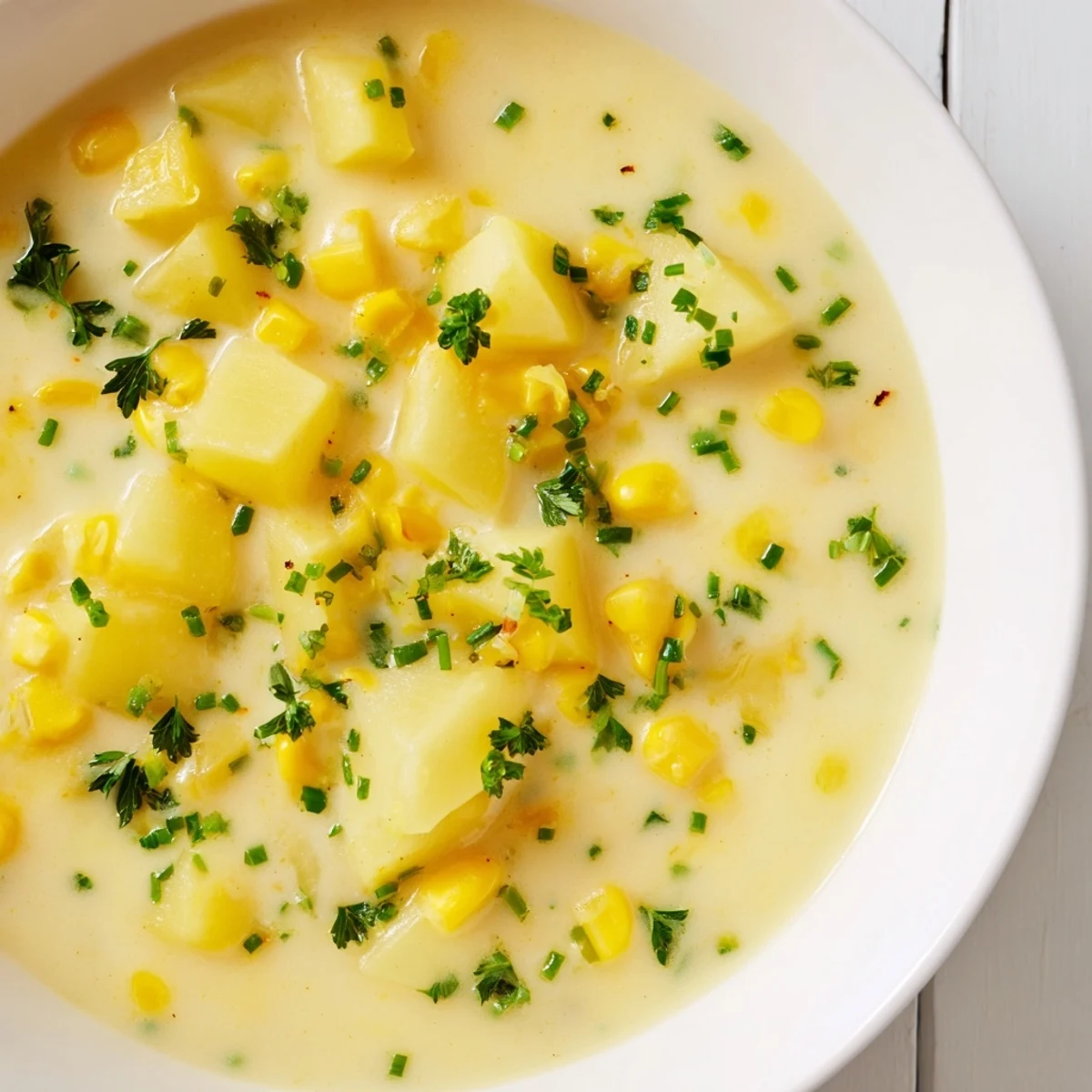 A spoon dips into rich Creamy Corn Chowder with Potatoes and Herbs, revealing tender chunks and cream.