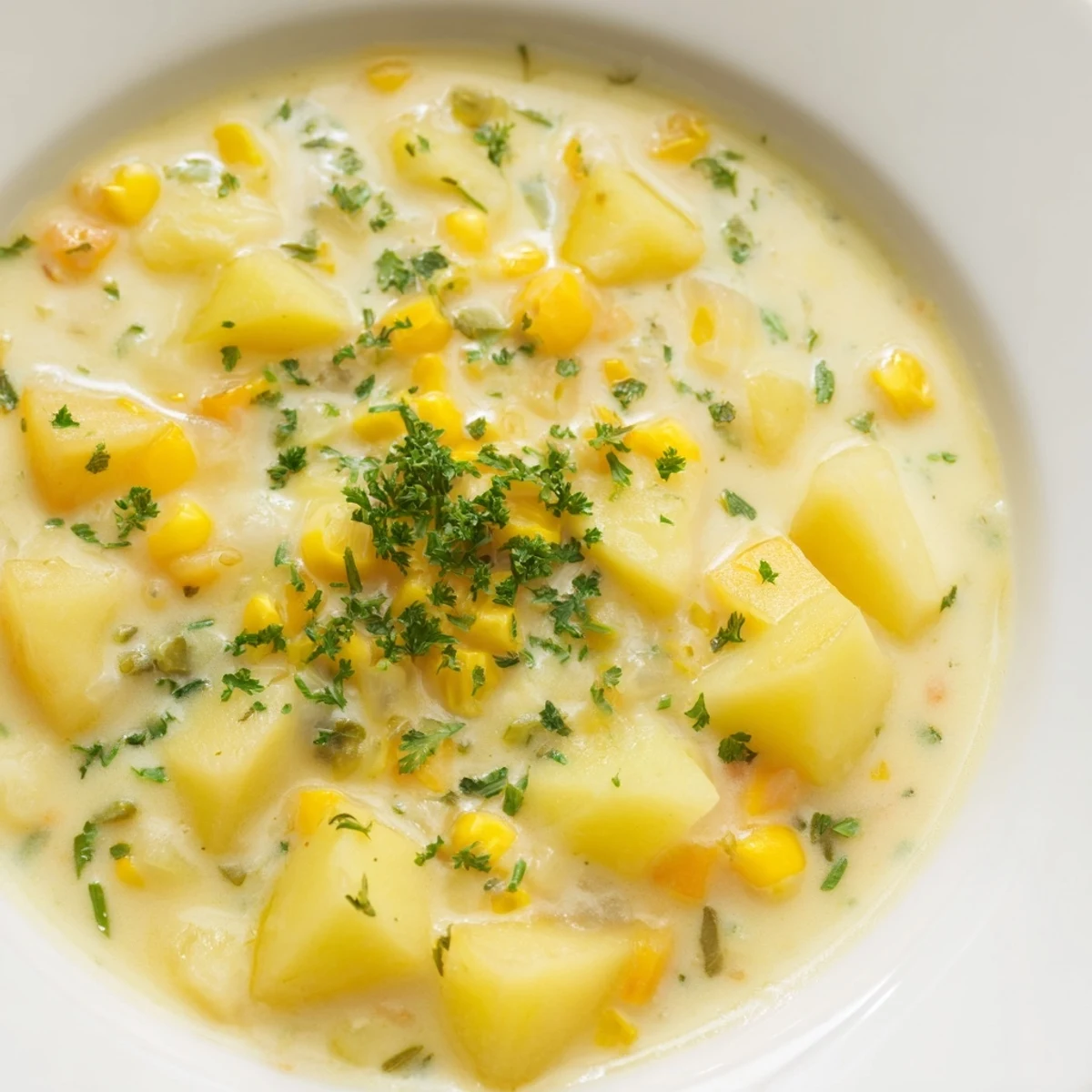 This velvety Creamy Corn Chowder with Potatoes and Herbs is served hot with crusty bread.