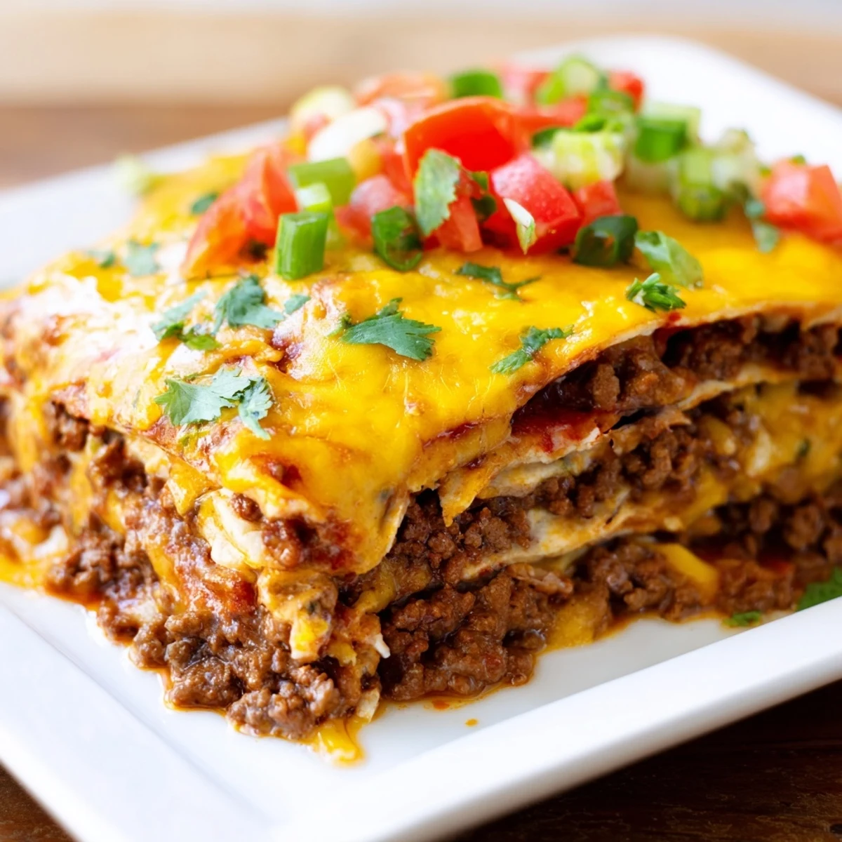The finished Beef Enchilada Casserole with Cheddar rests in a glass dish, topped with fresh cilantro and diced tomatoes.