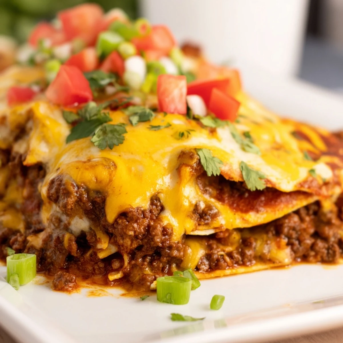 Golden-brown and bubbly, the Beef Enchilada Casserole with Cheddar is served hot with a dollop of sour cream.