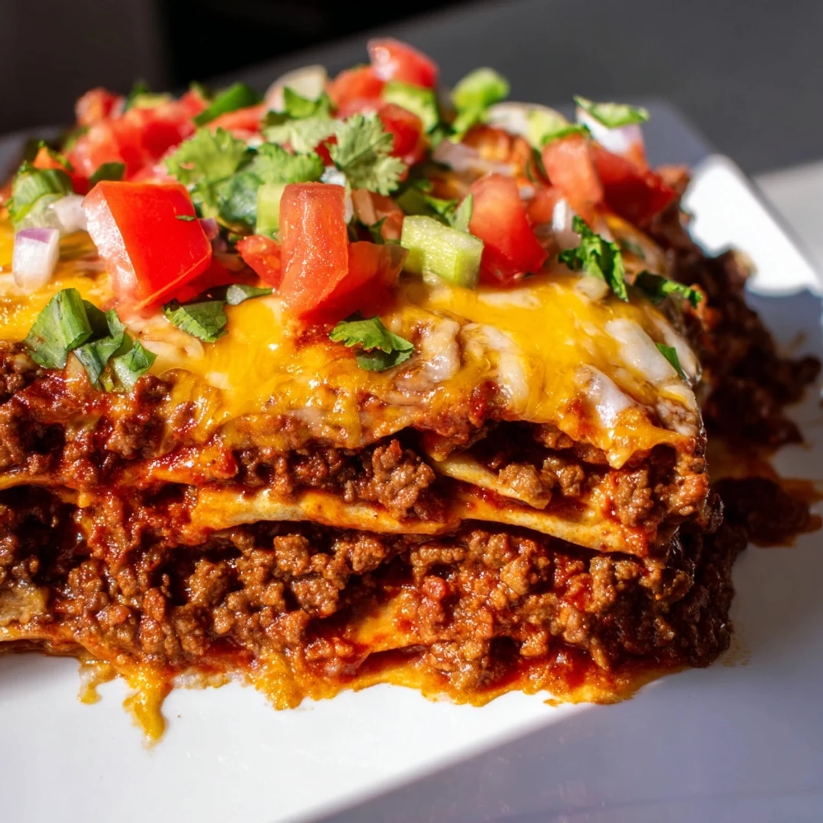 A close-up shows melted cheddar cheese stretching from a slice of Beef Enchilada Casserole with Cheddar on a plate.