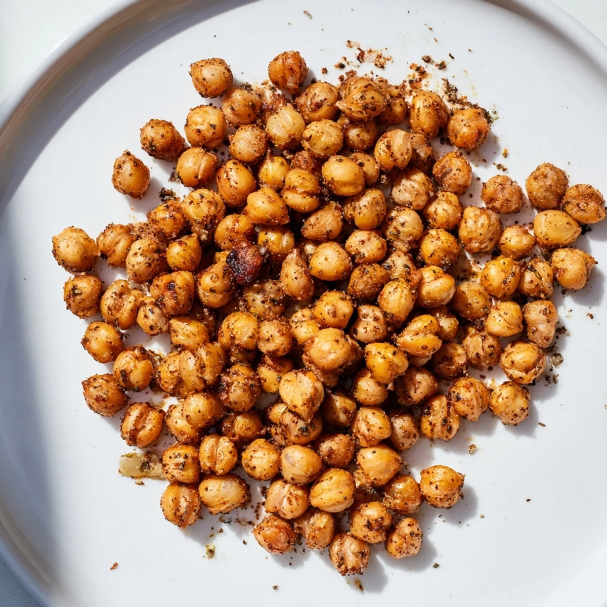Golden-brown Cajun Spiced Roasted Chickpeas are piled high, perfect for topping salads or enjoying as a vegan snack.