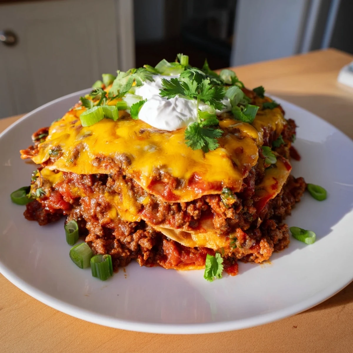 Steaming Beef Enchilada Casserole fresh from the oven features a golden cheese crust, perfectly layered with savory beef, soft tortillas, and vibrant red sauce in a 9x13 baking dish.