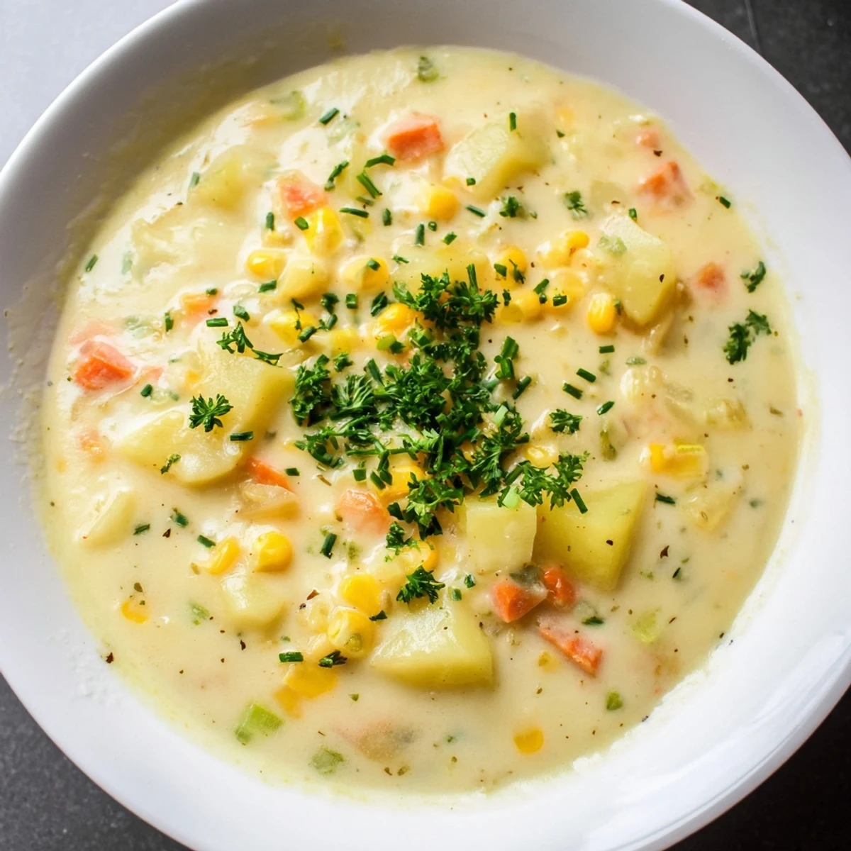 Creamy Corn Chowder with Potatoes steaming in a rustic bowl with fresh chives garnish