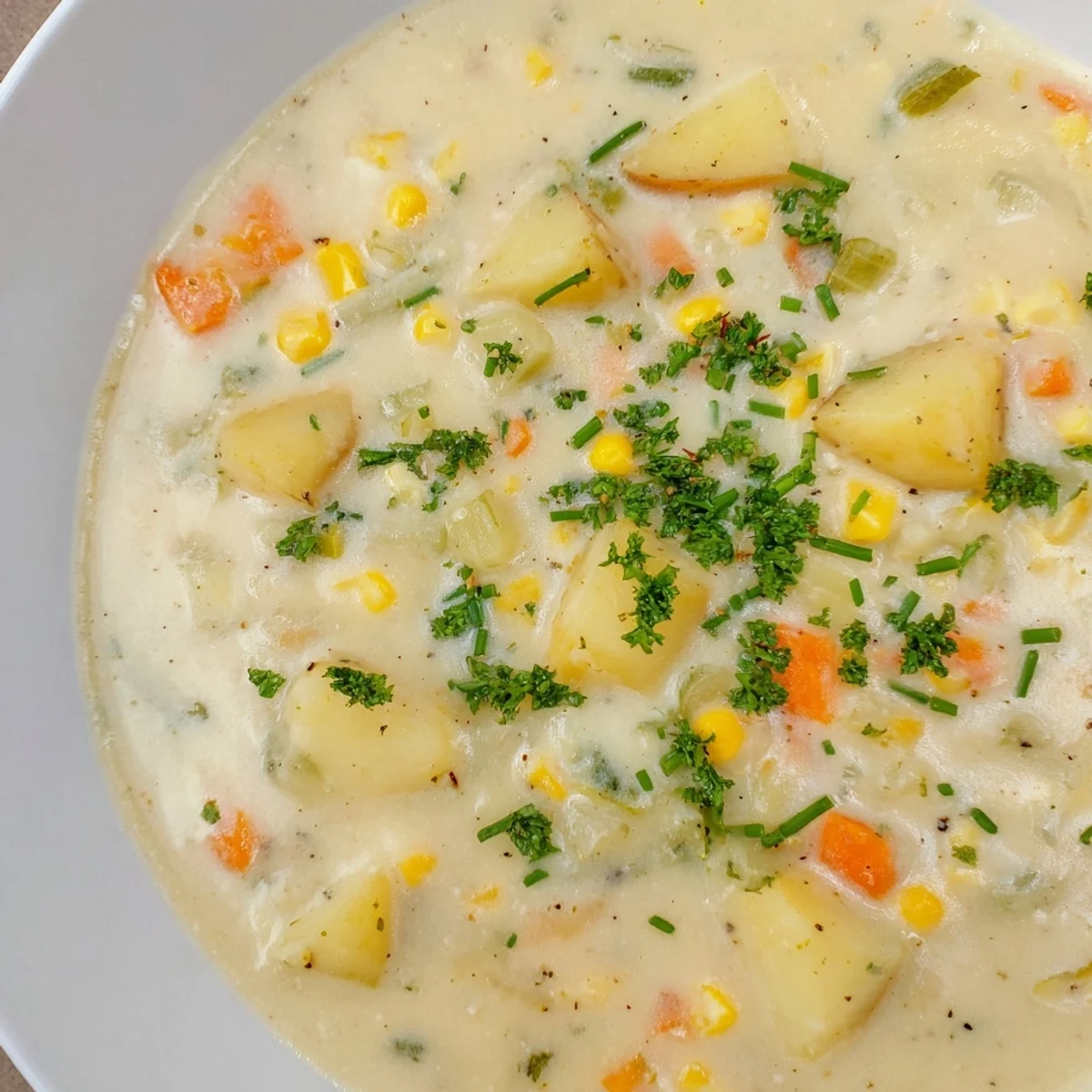A bowl of Creamy Corn Chowder with Potatoes ladled alongside crusty bread for dipping