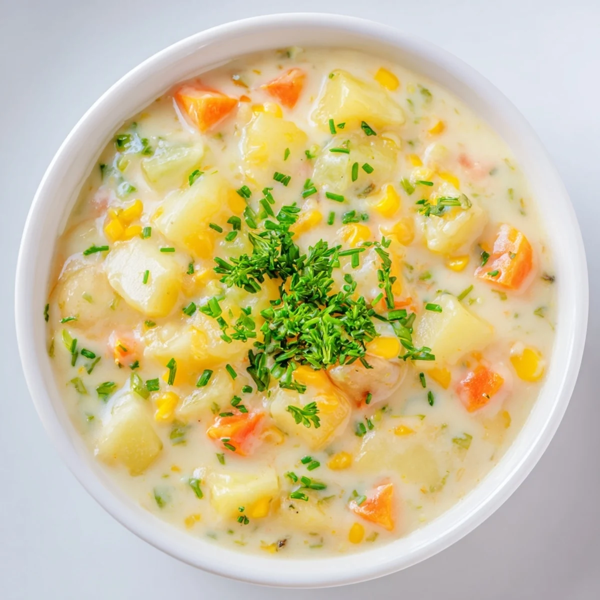 Homemade Creamy Corn Chowder with Potatoes garnished with parsley served with oyster crackers