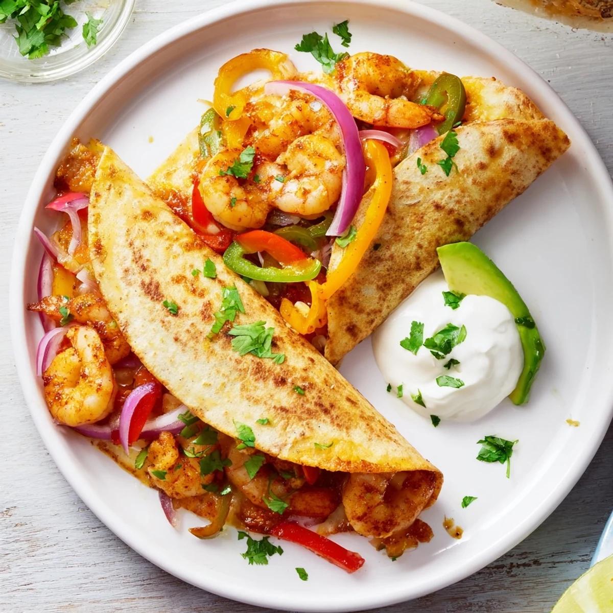 Freshly baked Shrimp Fajita Sheet Pan Quesadillas cut into wedges, garnished with cilantro and lime for a Tex-Mex dinner.