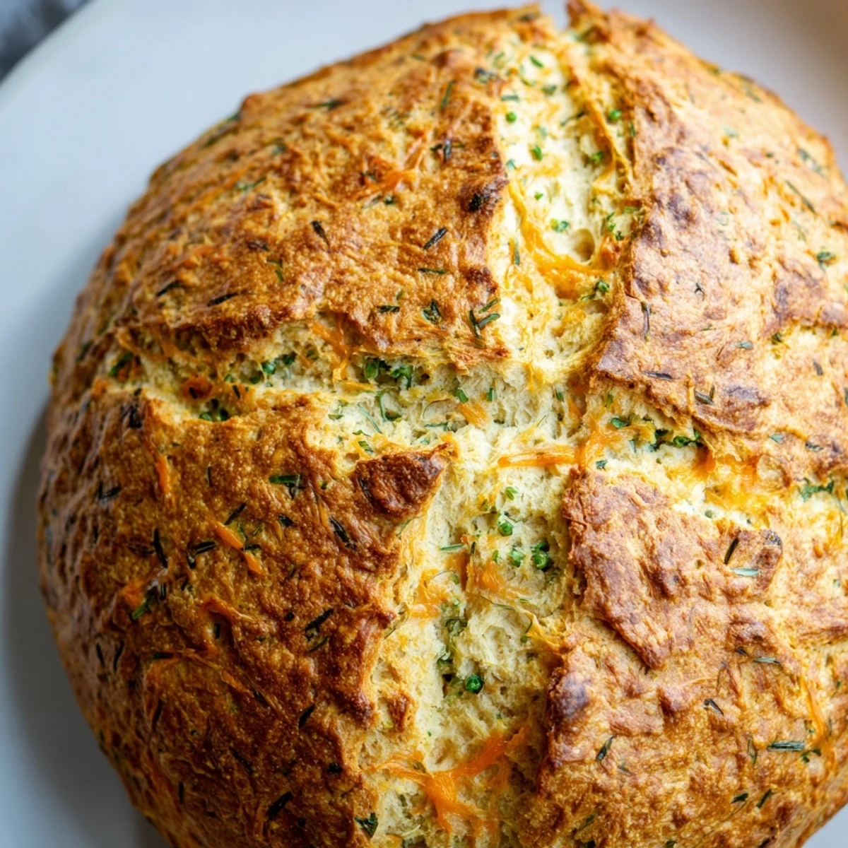 A close-up of sliced Savory Herbed Cheddar Irish Soda Bread revealing moist crumb with flecks of green herbs and melted sharp cheddar throughout.