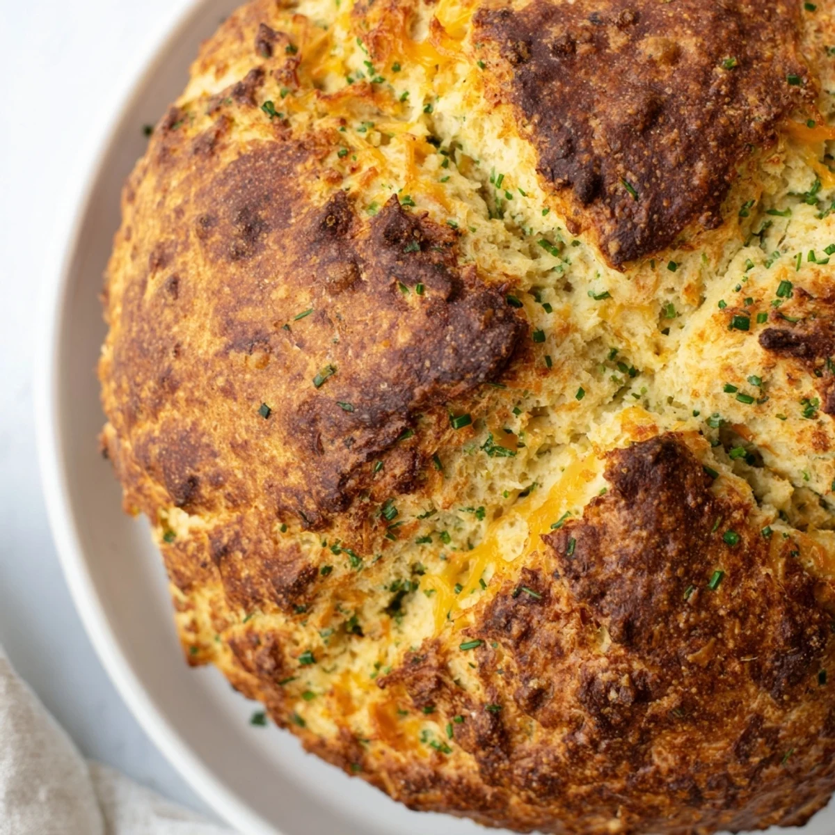 Golden-brown Savory Herbed Cheddar Irish Soda Bread fresh from the oven, showcasing a rustic, crackled crust perfect for serving warm with butter.