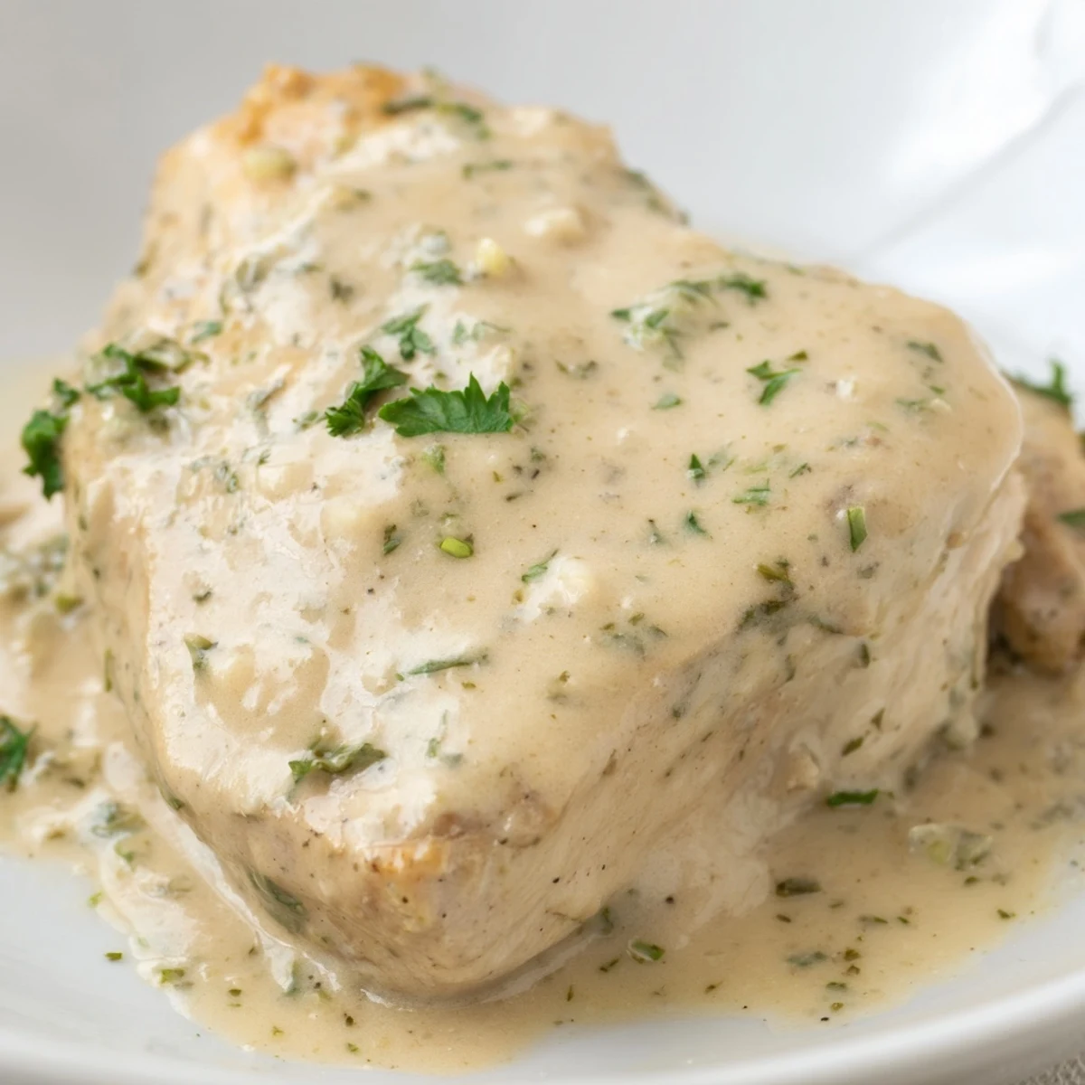 Golden-brown seared chicken breasts smothered in a creamy, garlicky Boursin cheese sauce garnished with fresh parsley.