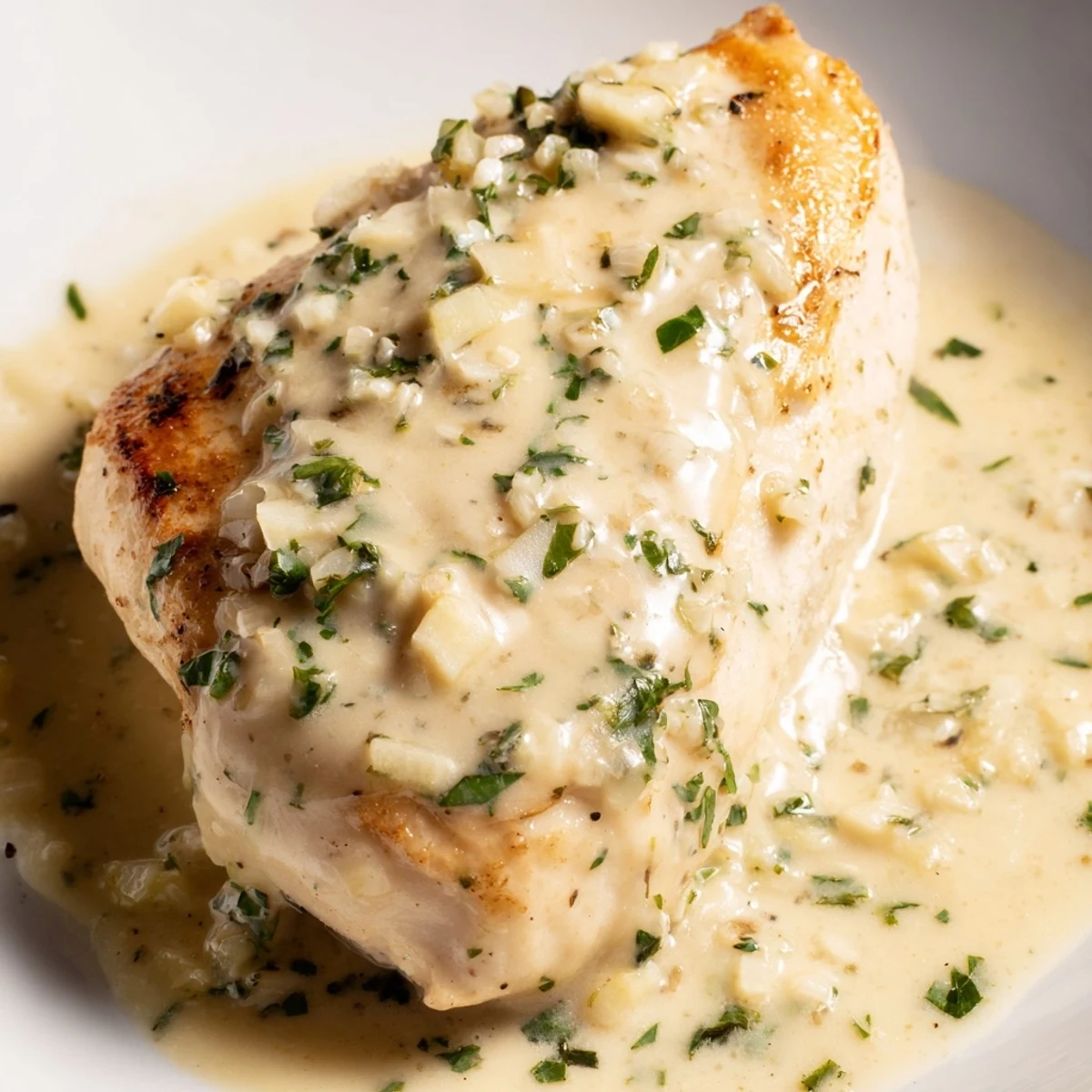 Steaming, rich Creamy Boursin Chicken plated for a comforting weeknight dinner, highlighting the velvety herb-infused sauce.