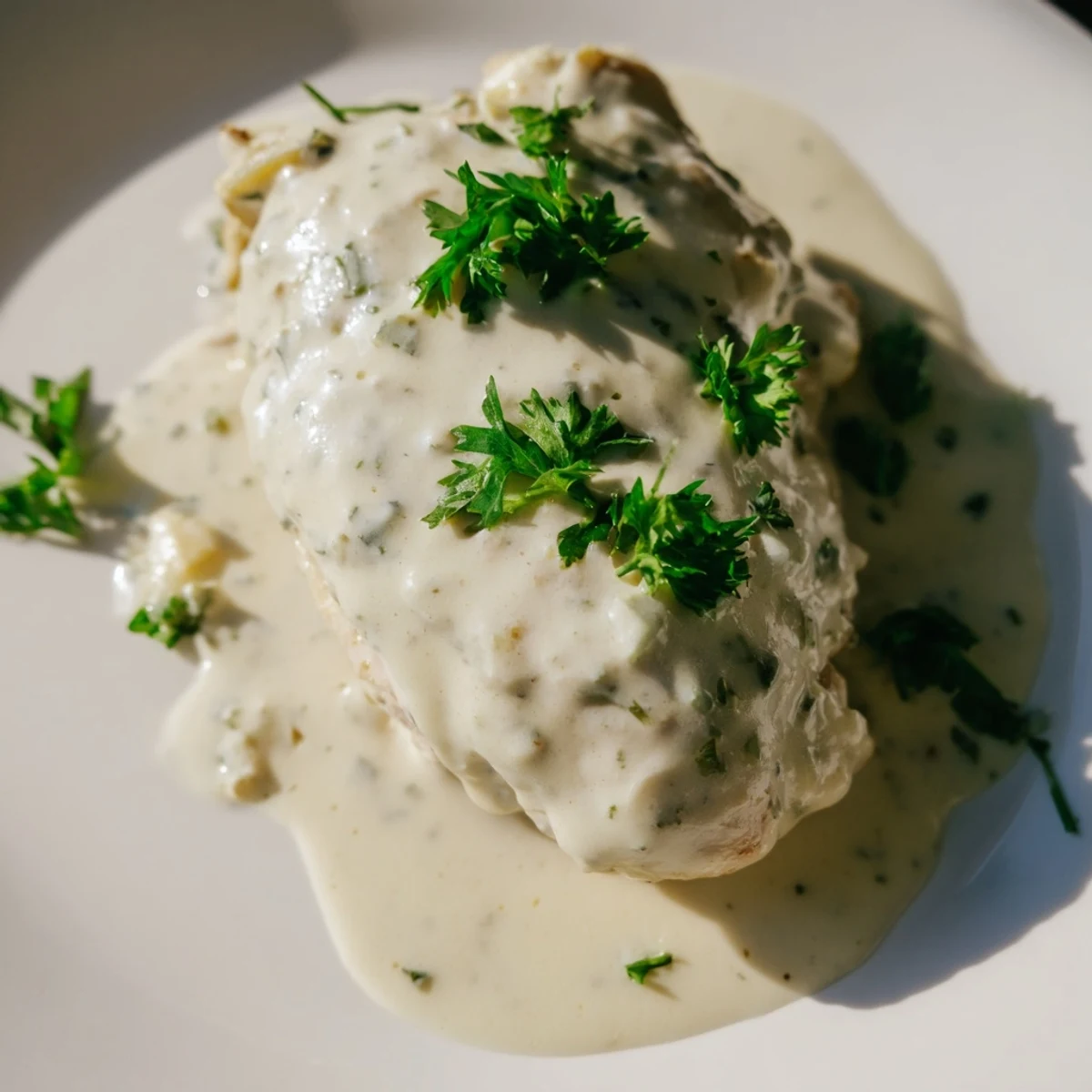 A skillet of Creamy Boursin Chicken ready to serve alongside fluffy mashed potatoes and tender green beans.
