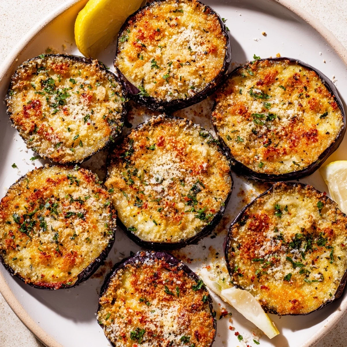 Golden roasted eggplant slices topped with crispy Parmesan and Mediterranean herbs for a savory appetizer.