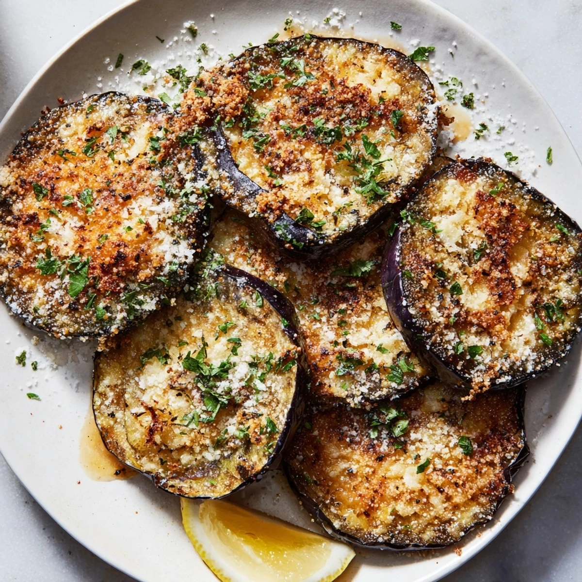 Mediterranean Roasted Eggplant & Parmesan Crisps served warm as a snack with fresh lemon wedges.