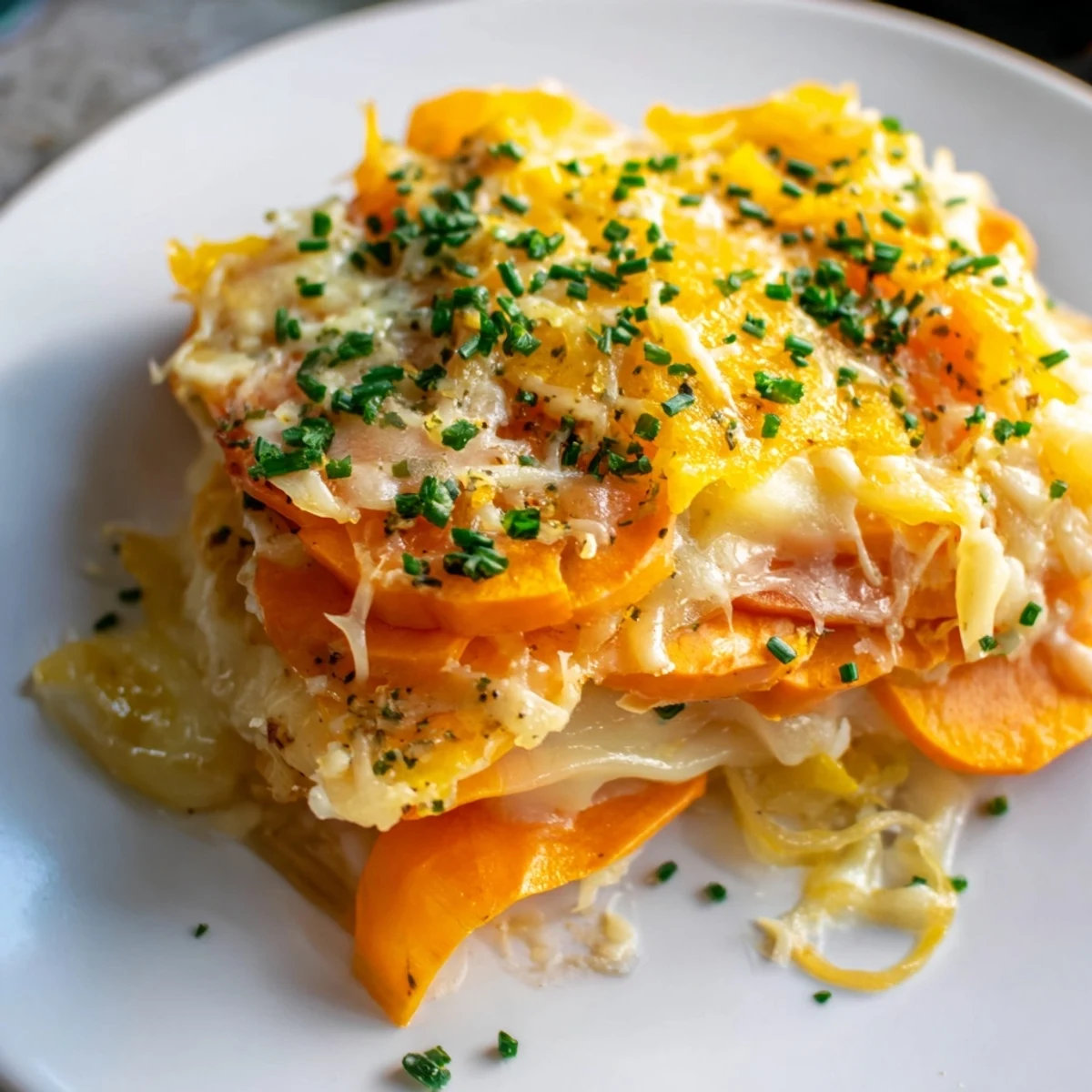 Golden brown, bubbly layers of Cheesy Sweet Potato Gratin with Caramelized Onions Delight fresh from the oven, garnished with fresh chives.