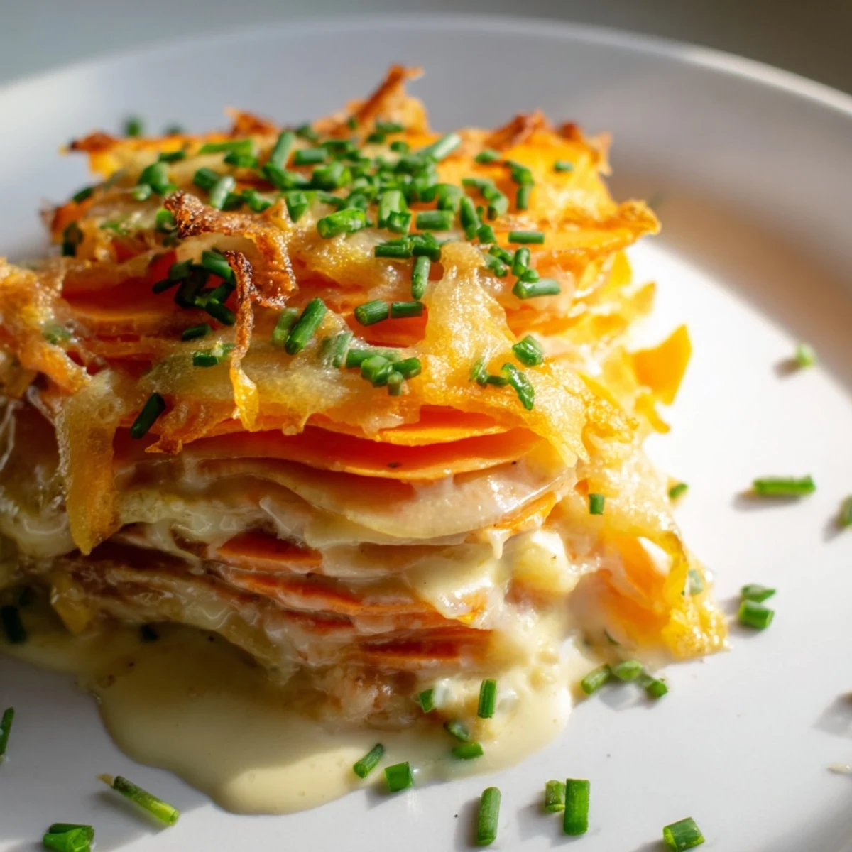 Serving suggestion for Cheesy Sweet Potato Gratin with Caramelized Onions Delight plated beside a crisp green salad.