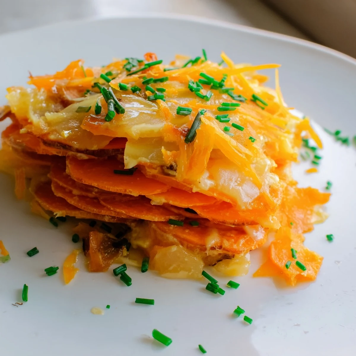 A close-up view of the Cheesy Sweet Potato Gratin with Caramelized Onions Delight showing melted cheese and sweet potato slices.