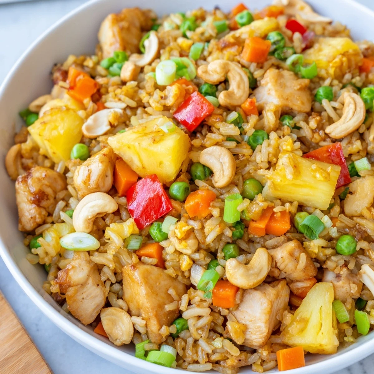Colorful pineapple chicken fried rice with cashews and lime wedges served in a white bowl.