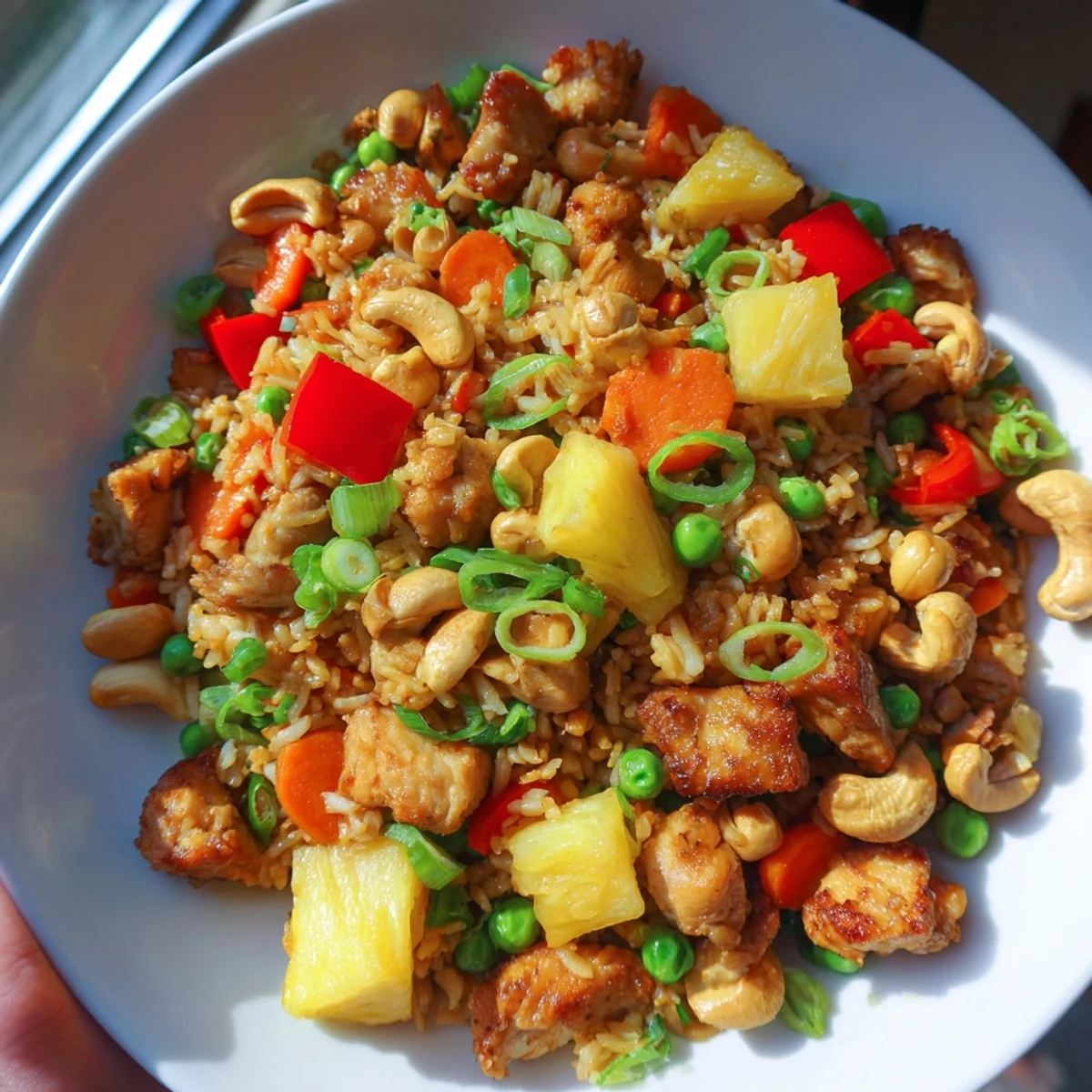 A close-up of golden pineapple chicken fried rice with cashews on a rustic wooden table.