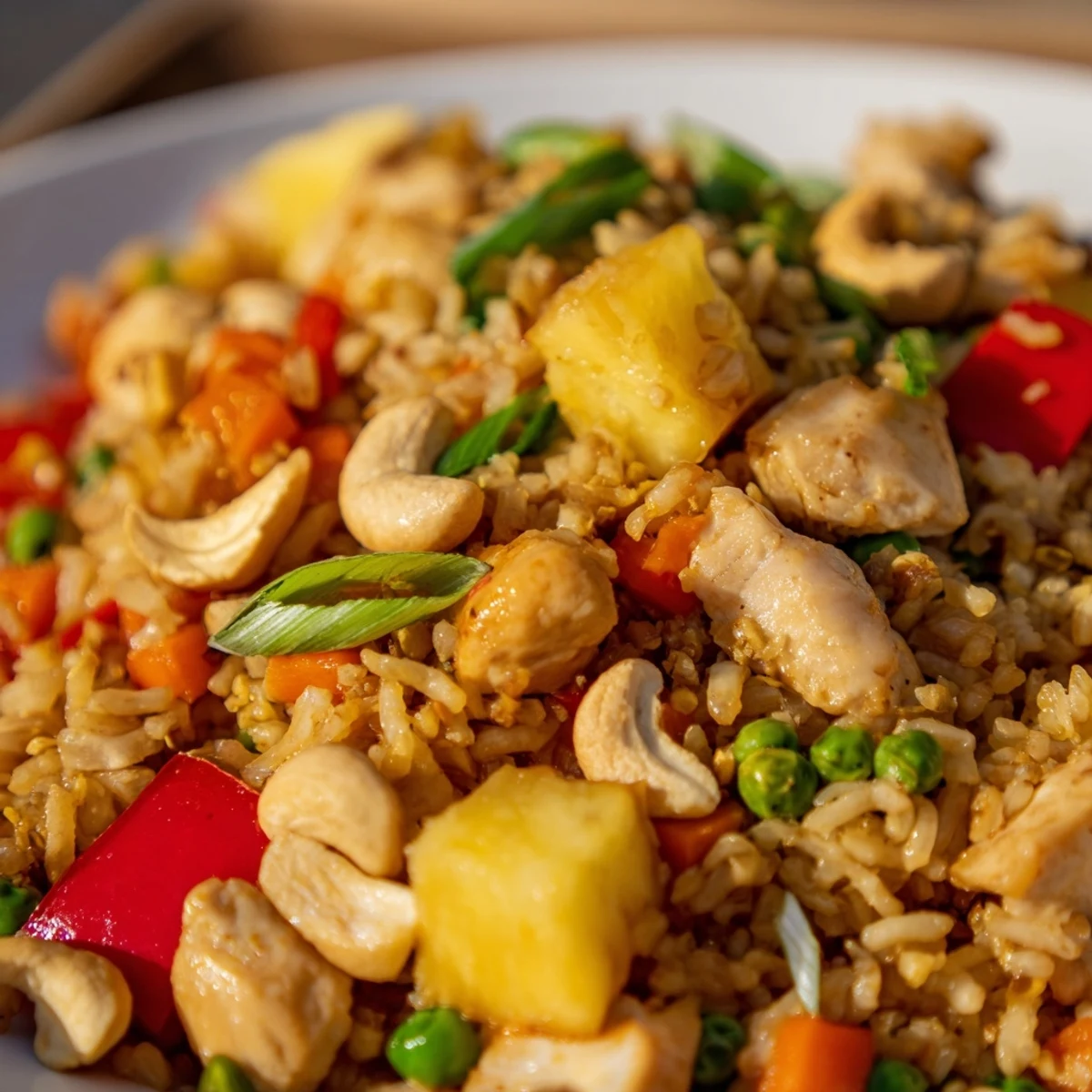 Vibrant Thai-inspired pineapple chicken fried rice topped with crunchy cashews and fresh green onions.