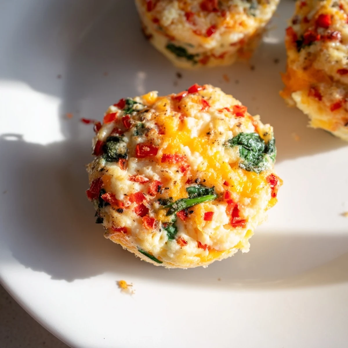 A close-up of fluffy Cottage Cheese Egg Bites filled with spinach and red bell pepper.