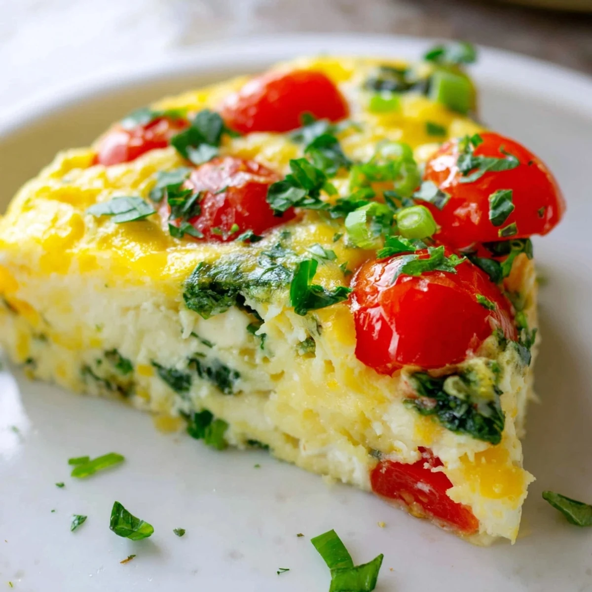 Sliced Simple Cottage Cheese Frittata served warm beside a fresh green salad for brunch.