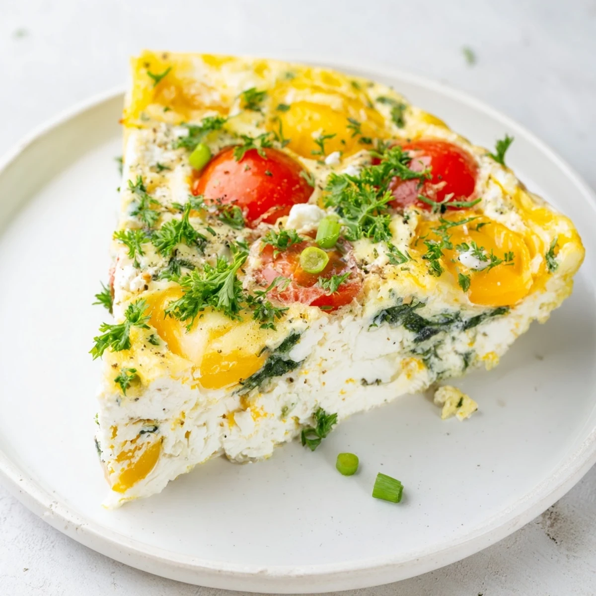 Golden-brown Simple Cottage Cheese Frittata with spinach and cherry tomatoes on a rustic plate.