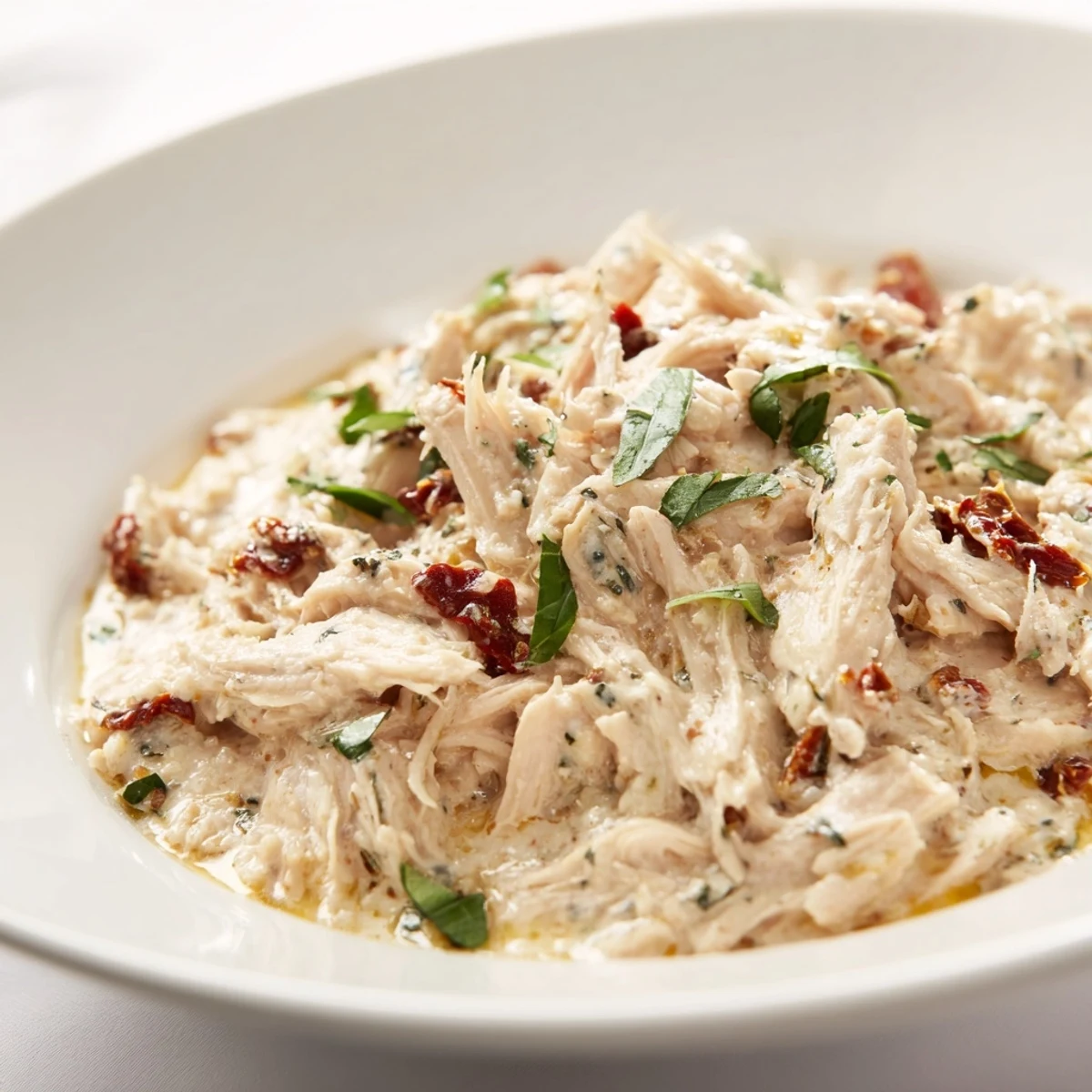 Creamy Marry Me High Protein Crockpot Chicken served in a bowl over quinoa with fresh basil garnish.