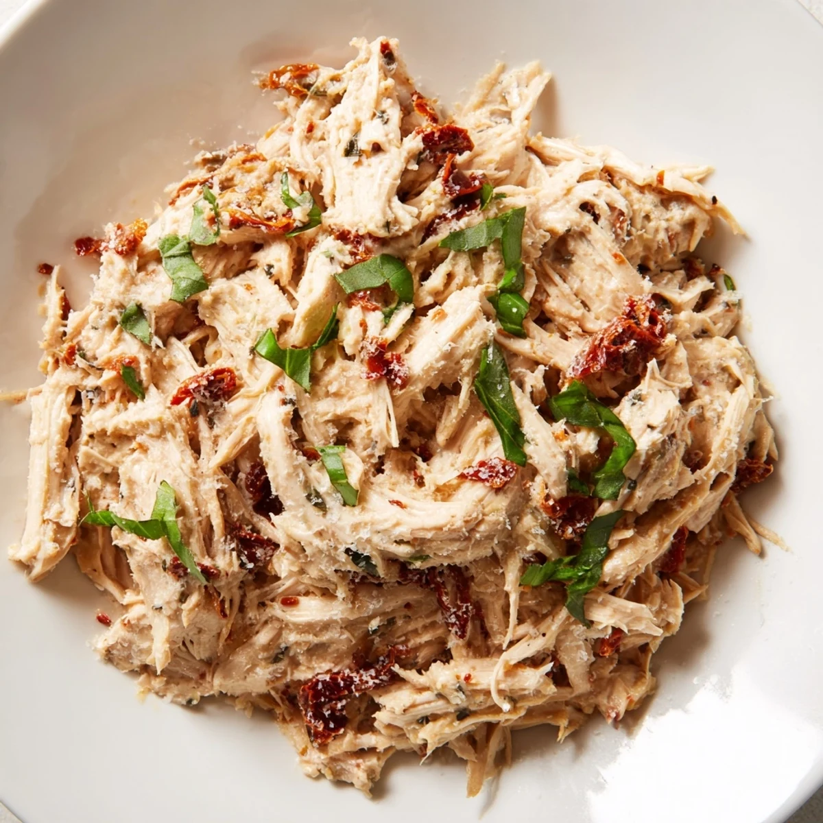 Tender Marry Me High Protein Crockpot Chicken shredded and ready to serve with a side salad.