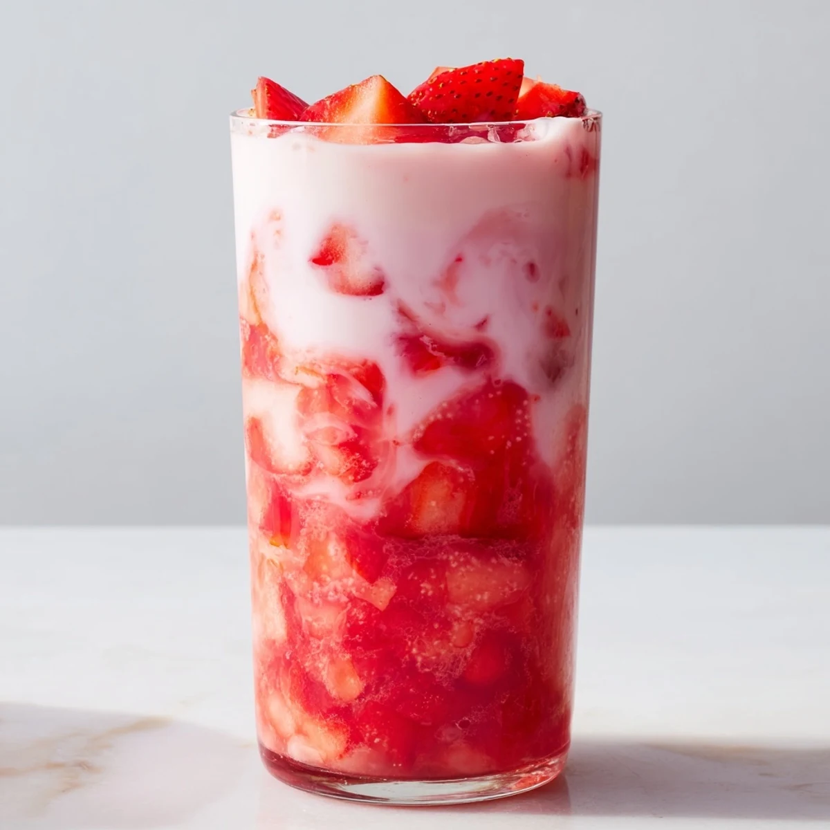 Homemade Cafe Style Korean Strawberry Milk with fresh diced strawberries simmered in sugar and lemon juice, layered with cold milk and ice.