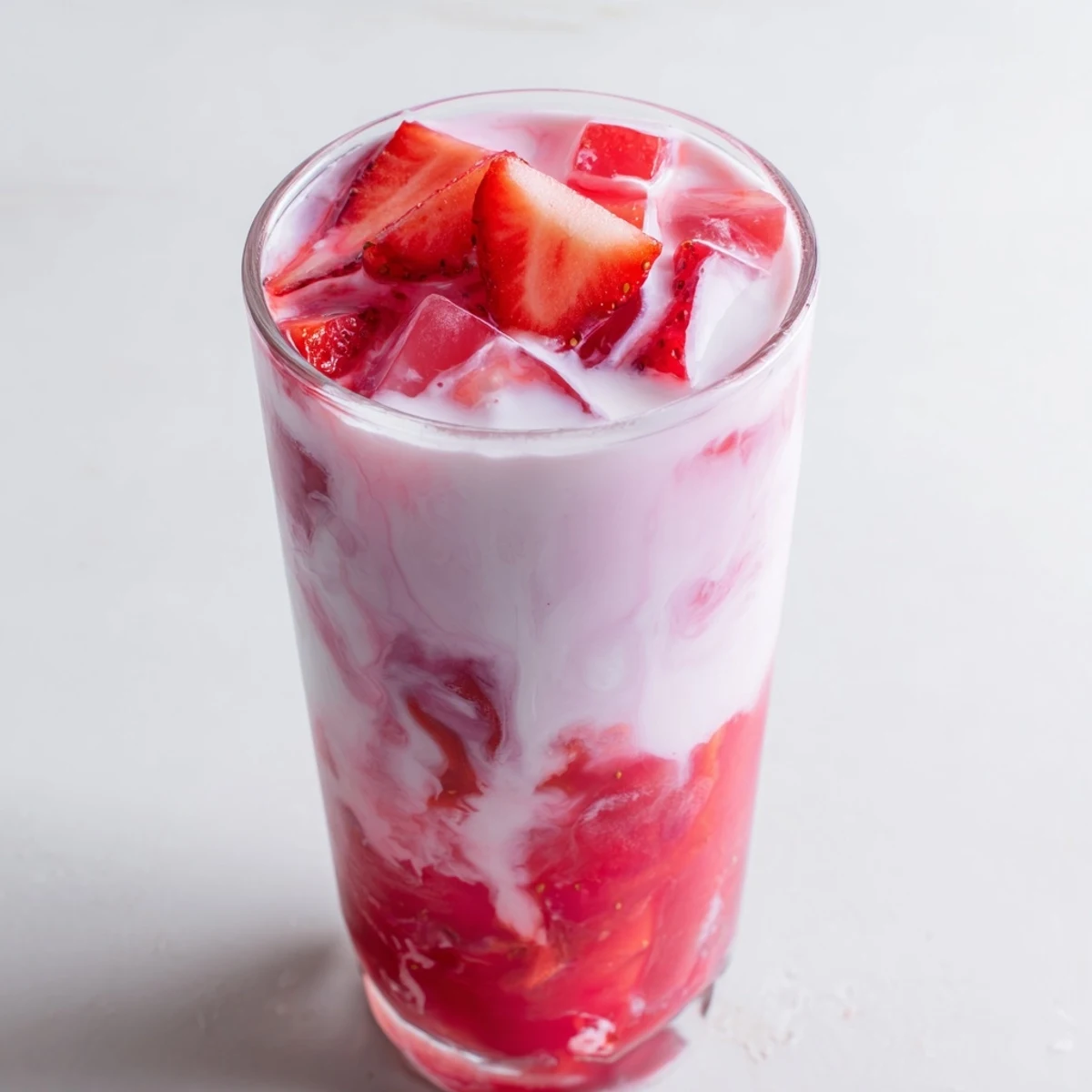 A glass of Cafe Style Korean Strawberry Milk swirls with pink sauce and sliced strawberries, perfect for a refreshing summer beverage at home.