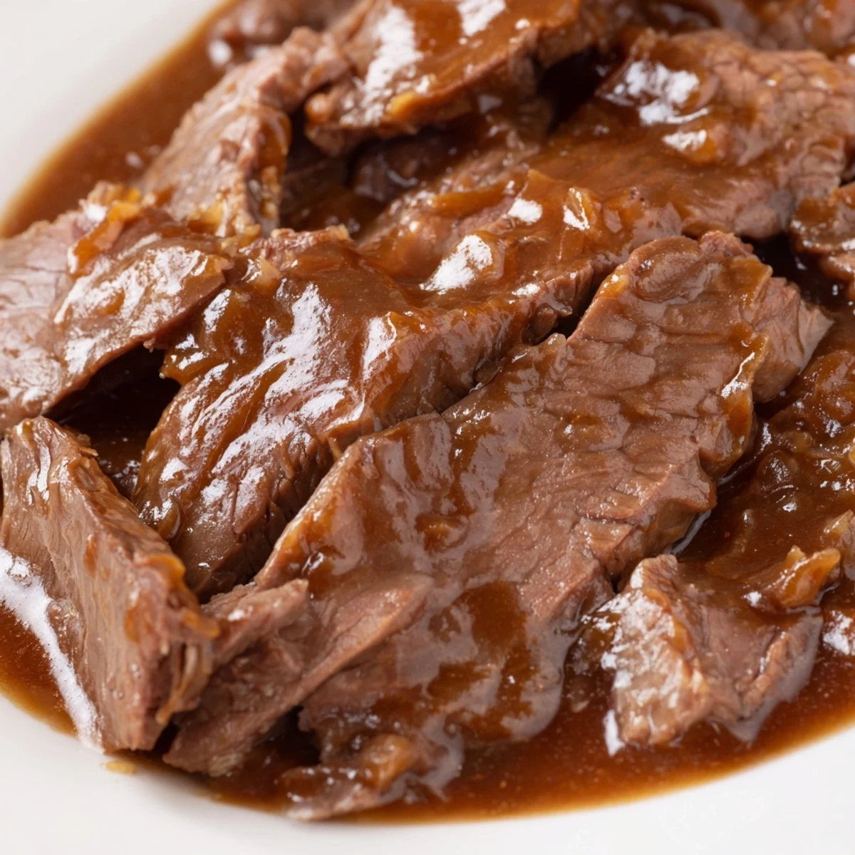 Savory beef strips from the Ultimate Slow Cooker Mongolian Beef glaze in a sticky sauce, served with green onions.