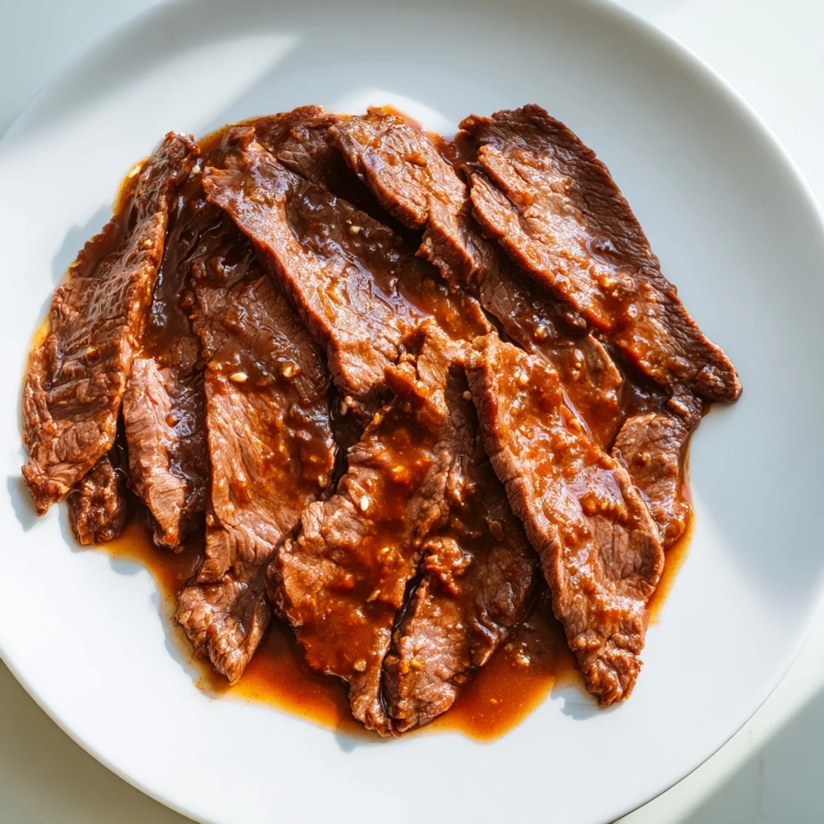 Fork-tender Ultimate Slow Cooker Mongolian Beef piled high with aromatic garlic, rich brown sauce, and steamed broccoli on the side.
