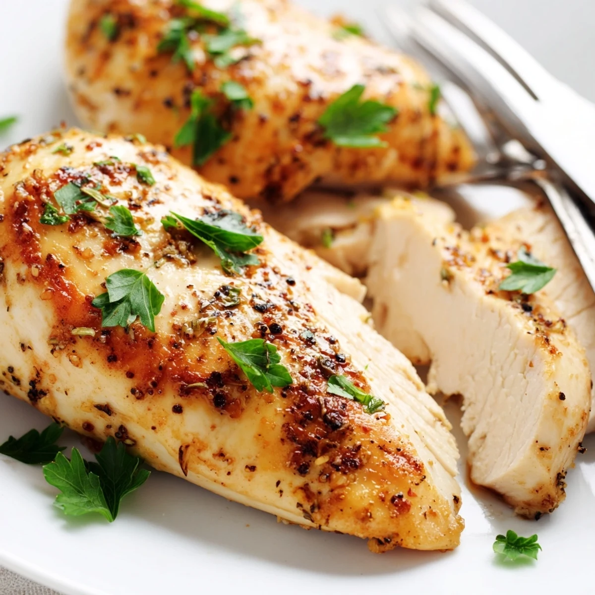 Golden-brown Oven Baked Chicken Breasts resting on a baking sheet, garnished with fresh parsley and lemon wedges for a bright finish.