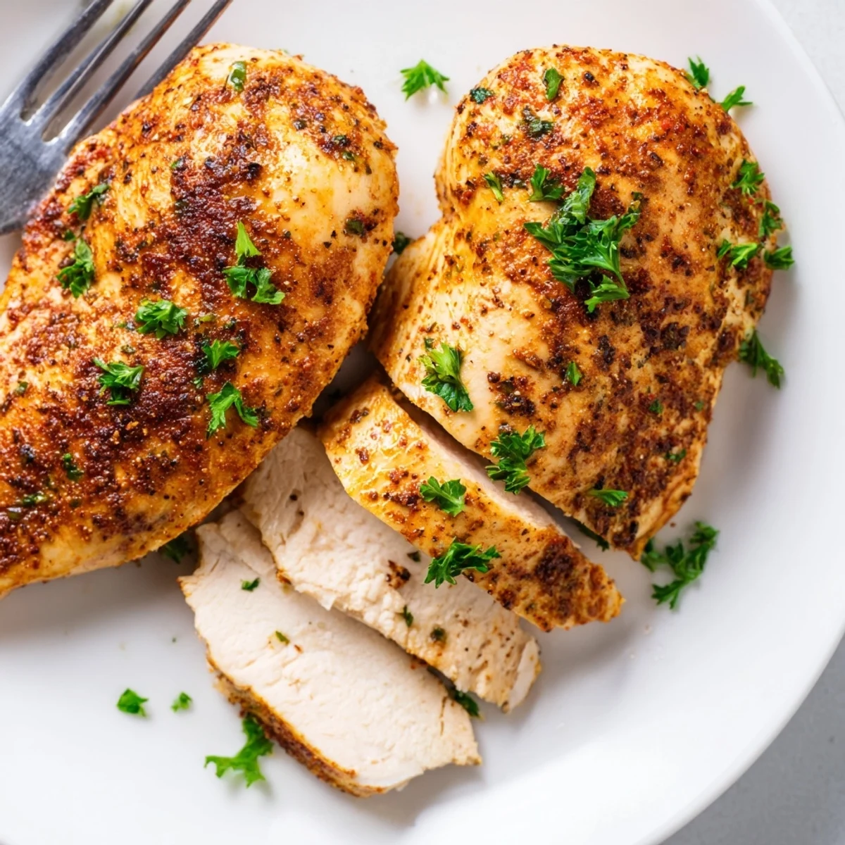 Seasoned Oven Baked Chicken Breasts baked to perfection, showing tender meat and a flavorful paprika and herb crust.
