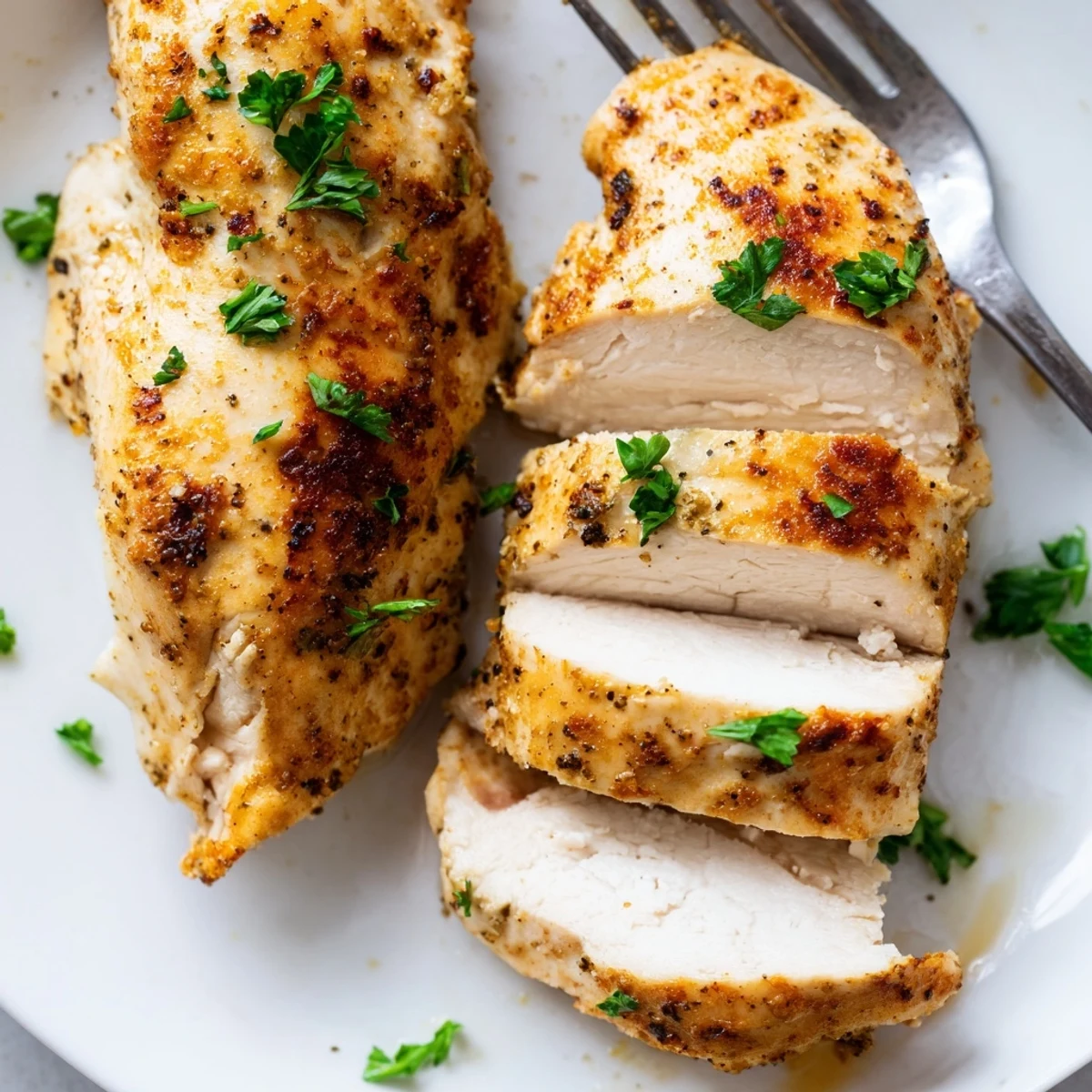 Sliced, juicy Oven Baked Chicken Breasts arranged on a white plate with roasted vegetables, ready for a healthy weeknight dinner.