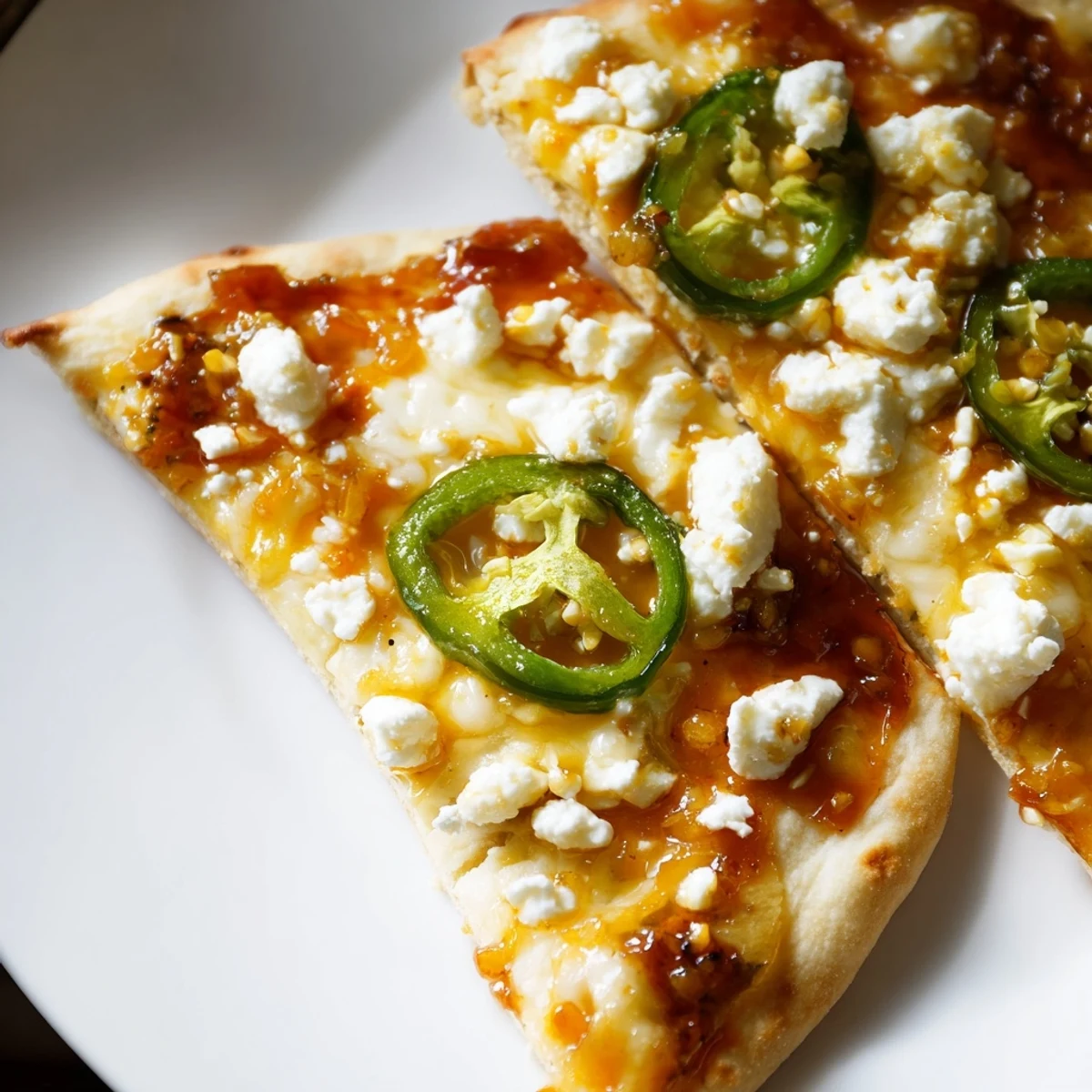 Sizzling Sweet Heat Honey Garlic Flatbread Pizza topped with crumbled feta, red onion, jalapeños, and fresh cilantro after baking.