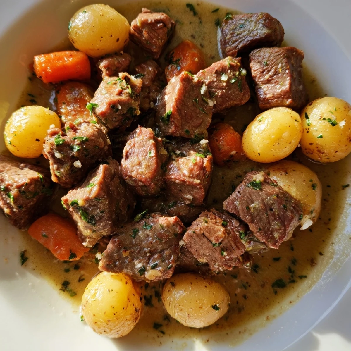 A close-up of Slow Cooker Garlic Butter Beef with Potatoes, featuring fork-tender beef cubes and glistening baby potatoes in a rich, buttery sauce.