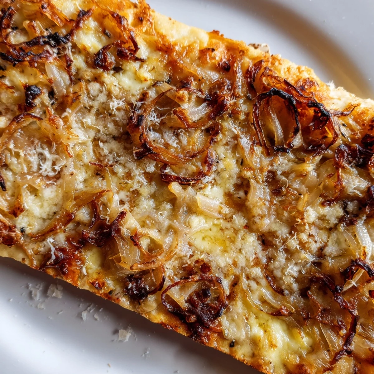 A close-up of caramelized onion pizza reveals thick slices with melted Parmesan and herbs, ideal for a cozy vegetarian Italian-American dinner.