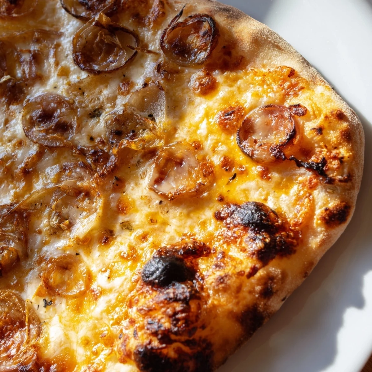 Fresh arugula garnish adds a peppery touch to the caramelized onion pizza, featuring bubbling mozzarella and fontina over a perfectly baked base.