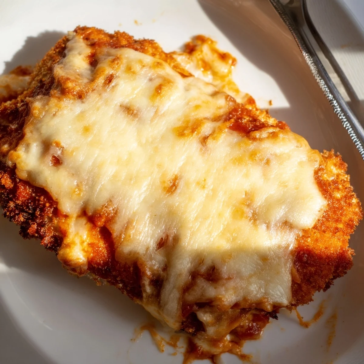 Crispy golden breaded chicken breasts topped with marinara sauce and melted mozzarella on a baking sheet ready to serve.