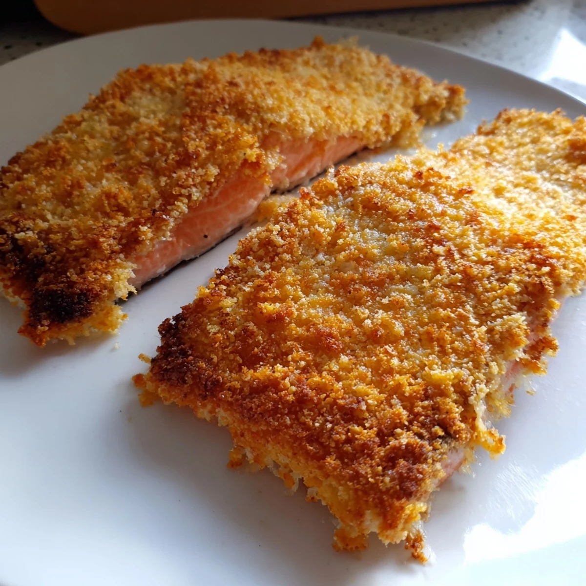 Golden, crispy Parmesan Salmon Bake fillets sizzling from the oven, topped with crunchy, cheesy crust on a white plate with lemon wedges.